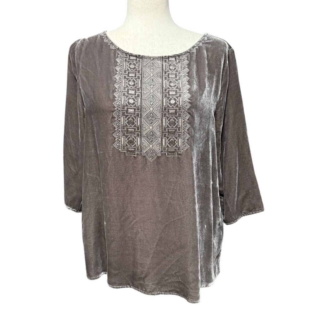 Garnet Hill Velvet Embroidered Gray Top Size 4 Small Silk Blend Holiday Boho